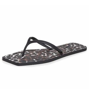 Veronica Beard Analee Square-Toe Leopard Animal Print Flip Flops Black/Brown 8M